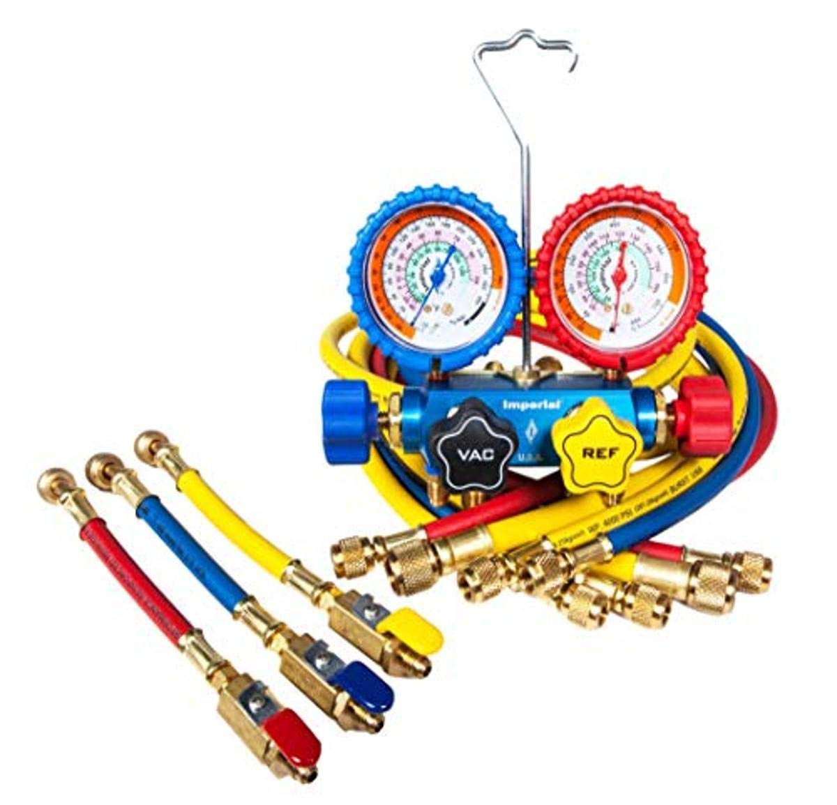 Imperial Tool 646C Manifold R22 4-Valve, R404A, R410A, 3" - 60" Hoses with Low Loss Ball Valve Shut-Off, 1" - 60", 3/8" VAC Hose