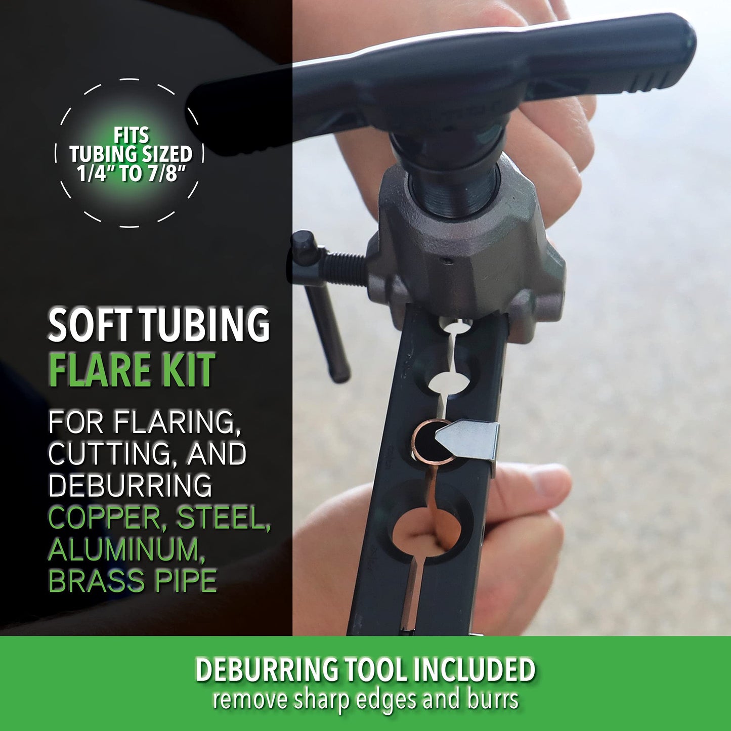 Hilmor Orbital Flare Kit with 1⁄8" - 1-3⁄8" Tubing Cutter, Pen Style Deburring Tool & Storage Case, Black & Green, FTOK 1937685