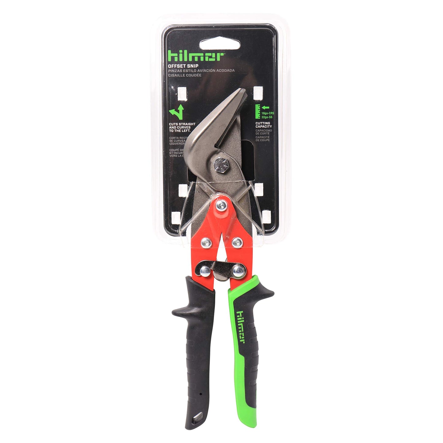 Hilmor Offset Aviation Snips Left Cut for Cutting Sheet Metal, Duct & Stainless Steel, Black & Green, SNIPOL 1891137 , Red