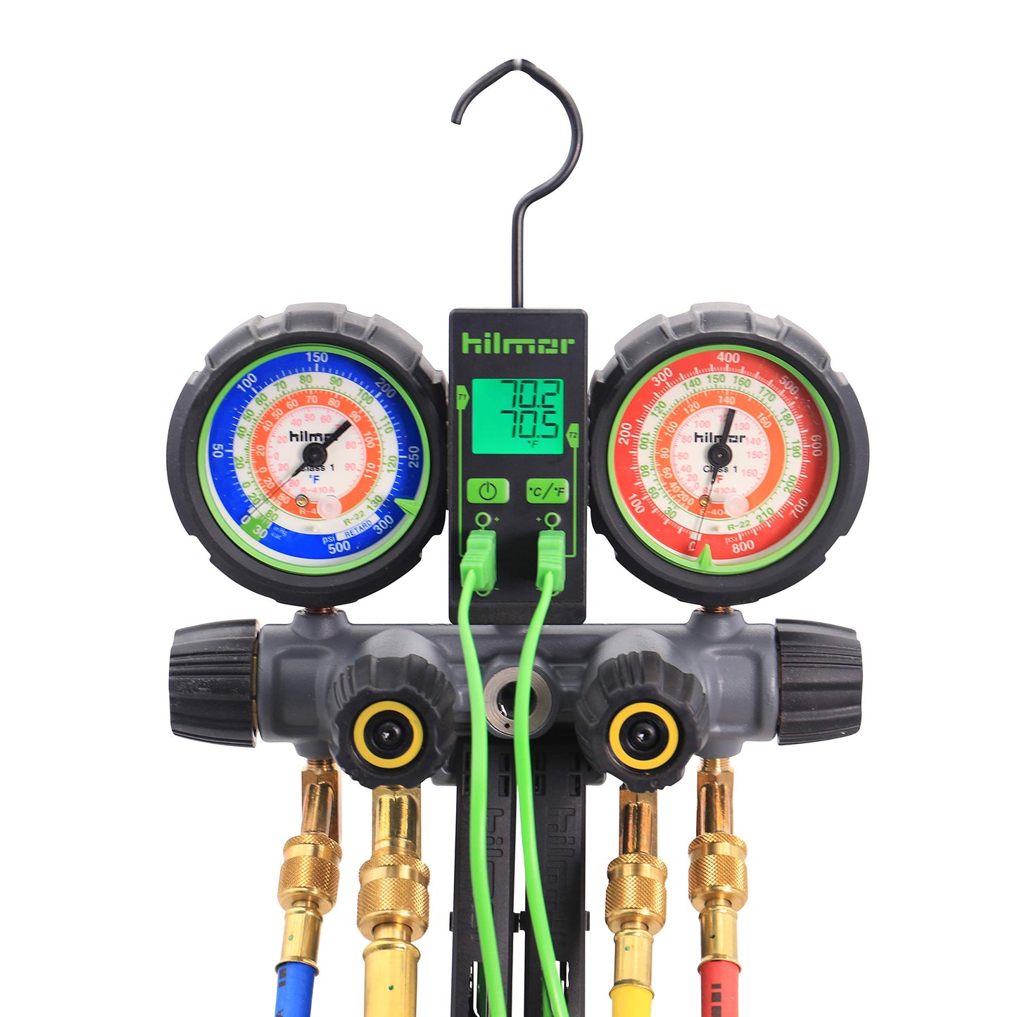 Hilmor 4-Valve Aluminum Manifold Set with Dual Readout Thermometer, 60" Hoses and Ball Valve Adapters, 4V410HD 1839131