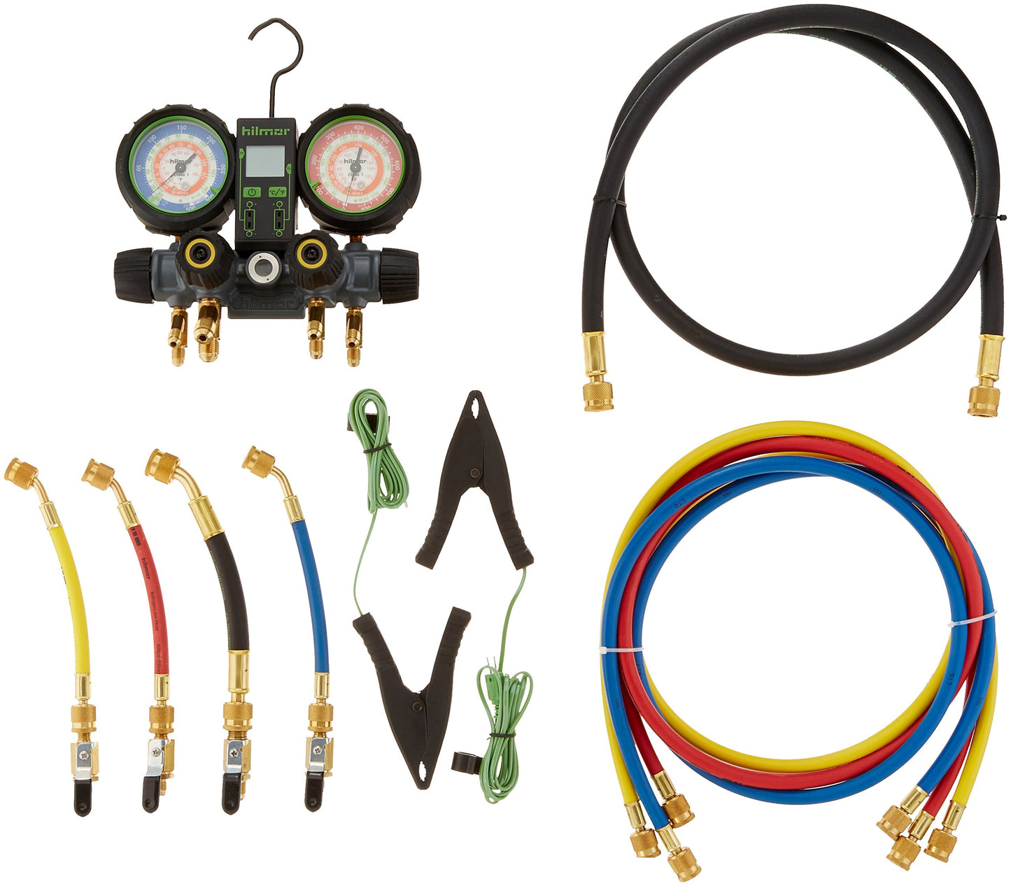 Hilmor 4-Valve Aluminum Manifold Set with Dual Readout Thermometer, 60" Hoses and Ball Valve Adapters, 4V410HD 1839131