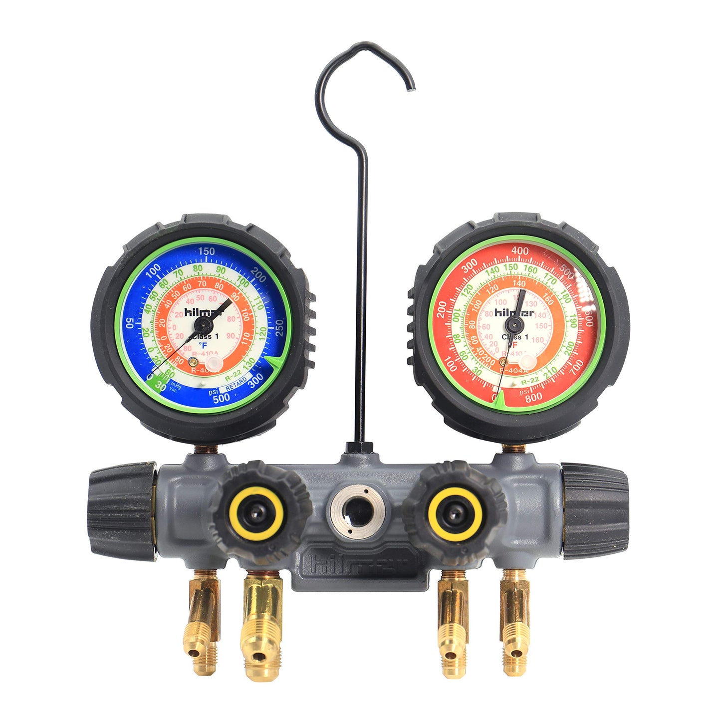 Hilmor 4-Valve Aluminum Manifold Set with Dual Readout Thermometer, 60" Hoses and Ball Valve Adapters, 4V410HD 1839131