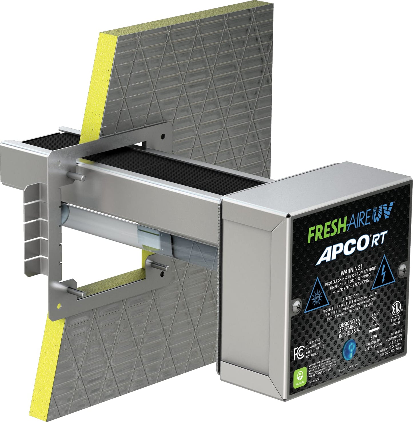 Fresh-Aire APCO Compact In-Duct Air Purifier w/ Carbon Matrix Filter, Remote Power Supply, Includes Dual UVC 2 Year Lamp for Coils, 120-277 VAC