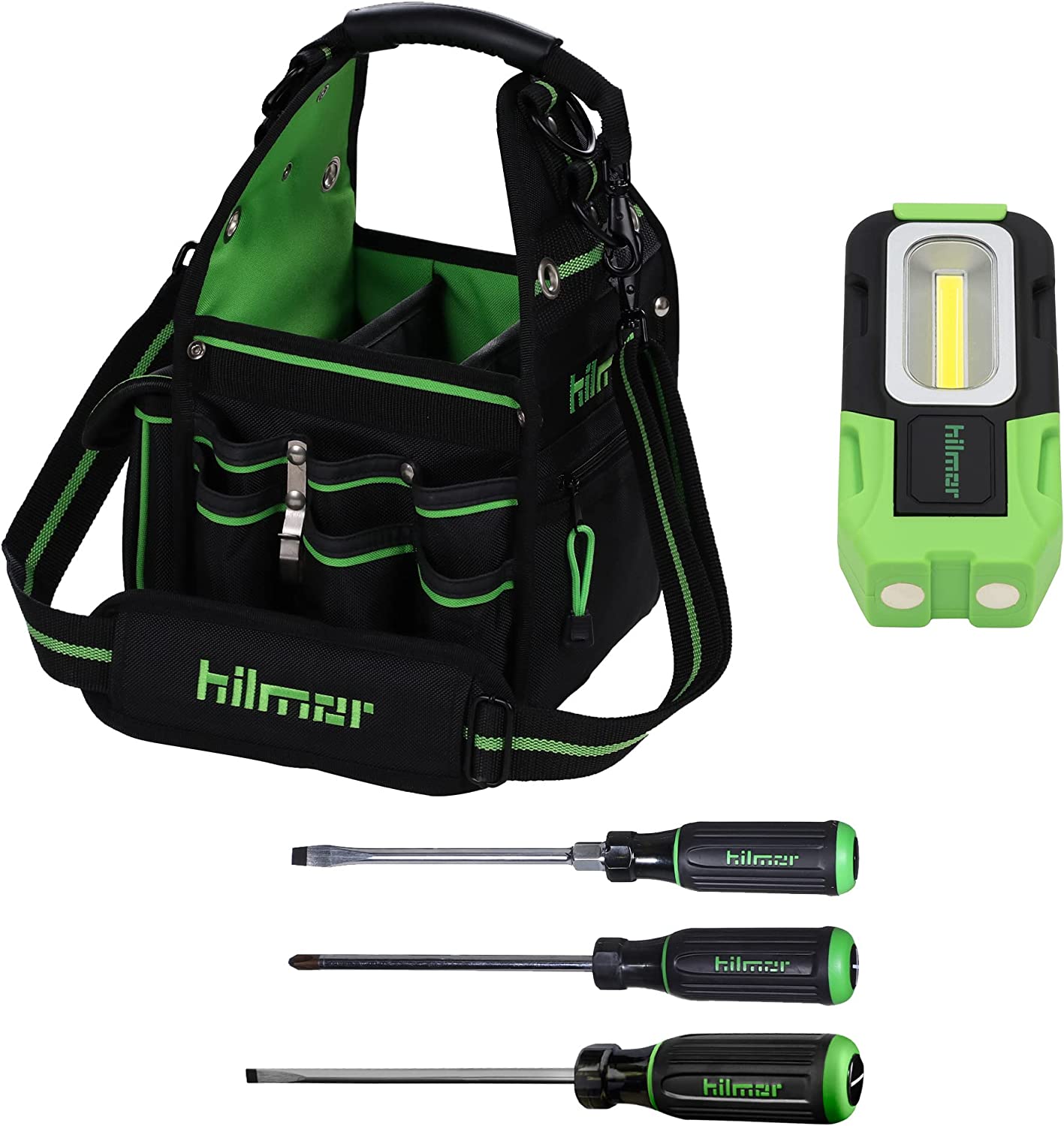 hilmor HVAC Tote Bag with Phillips, Keystone, Cabinet Tip Screwdrivers and Portable Work Light