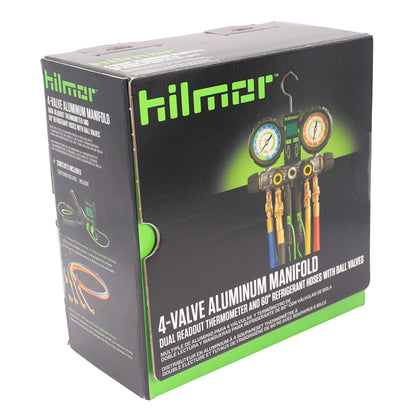 Hilmor 4-Valve Aluminum Manifold Set with Dual Readout Thermometer, 60" Hoses and Ball Valve Adapters, 4V410HD 1839131