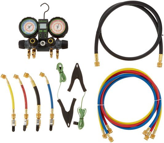 Hilmor 4-Valve Aluminum Manifold Set with Dual Readout Thermometer, 60" Hoses and Ball Valve Adapters, 4V410HD 1839131
