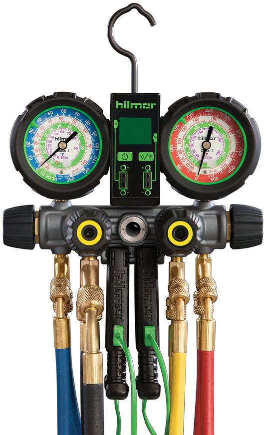 Hilmor 1839110 R410A 4-Valve Aluminum Manifold HVAC Gauge Set with Hose and Dual Readout Thermometer, Multi-Color