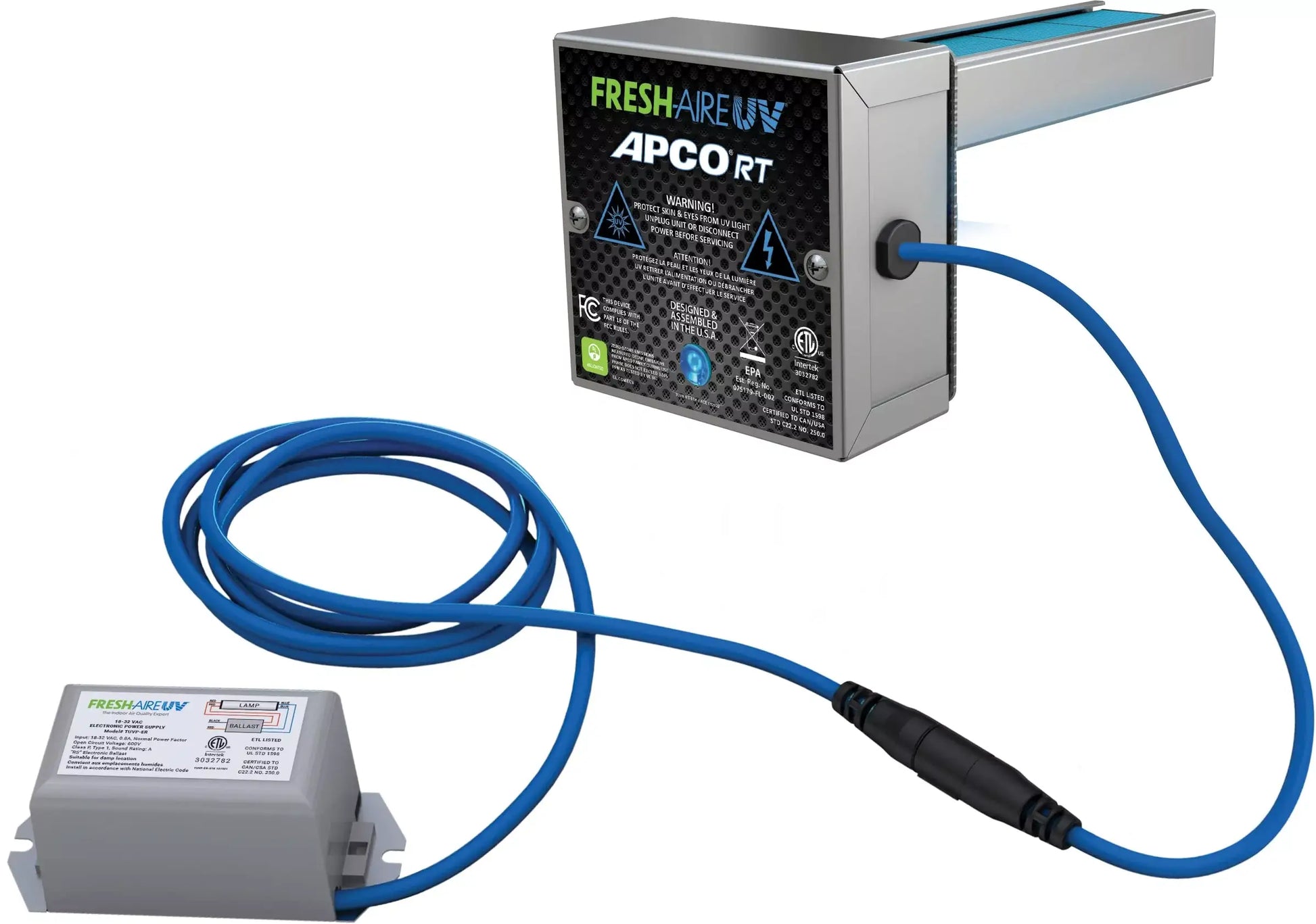 Fresh-Aire APCO Compact HVAC UV Air Purifier w Carbon Matrix and Remote Power Supply, Includes 2 Year UVC Lamp, 18-32 VAC